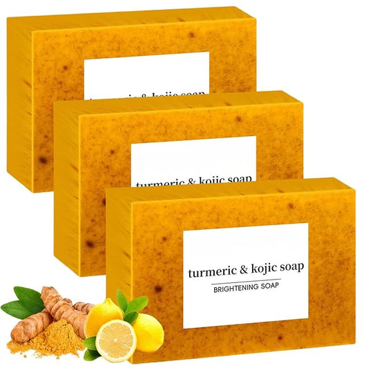 Turmeric Soap for Spots Remover - Honey Lemon Turmeric Kojic Soap Bar for Face and Body, Organic Daily Use Skin Care Soaps, Evens Skin Tone Deep Cleansing Moisturizing (3pcs)