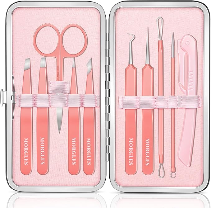 Ingrown Hair Tweezers and Pimple Popper Tool Kit, Pink Blackhead Remover Tools, Pimple Extractor Pore Extractor Eyebrow Razor, Scissor in Leather Travel Case