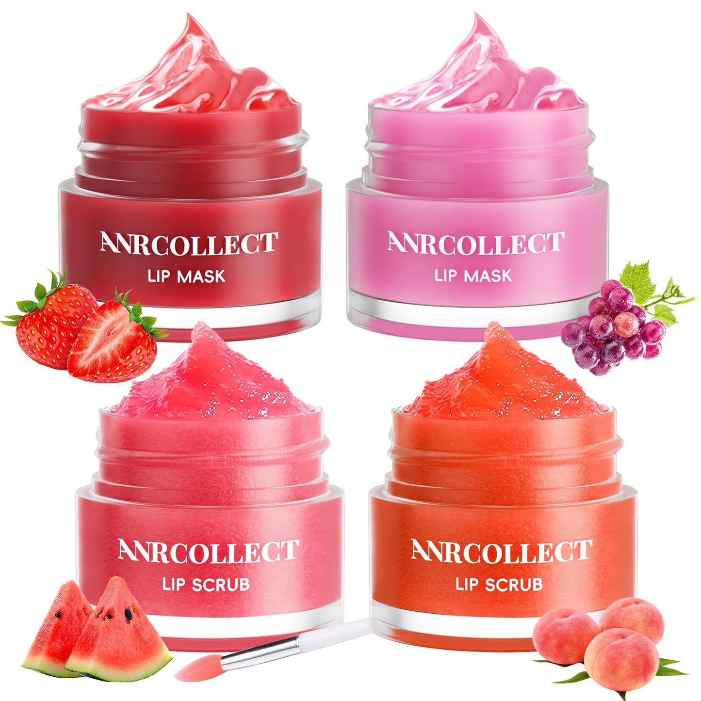 ANRCOLLECT Lip Scrub & Lip Mask - Overnight Treatment Lip Care Kits with 2 Lip Exfoliator & 2 Sleeping Lip Balm, Intense Hydration Lip Set for Dry Chapped Cracked Lips, Exfoliate & Moisturize (4 Pack)