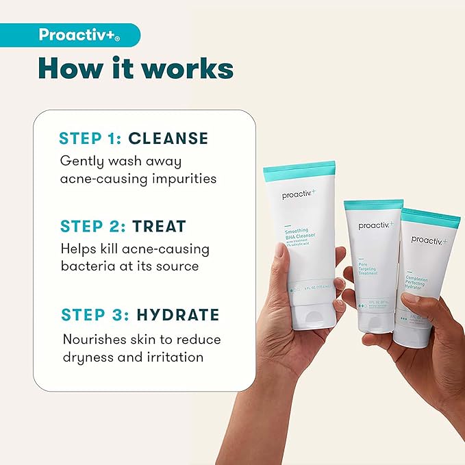 Proactiv+ 3 Step Advanced Skincare Acne Treatment – Salicylic Acid Face Wash, Benzoyl Peroxide Pore Minimizing Treatment, and Salicylic Acid Hydrating Moisturizer - 90 Day Complete Acne Skin Care Kit