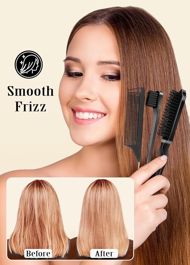 Slick Back Hair Brush Set: Hair Wax, Edge Brush, Rat Tail Comb, Bristle Brush, Hair Bun Accessories, Smoothing Brush for Women & Kids