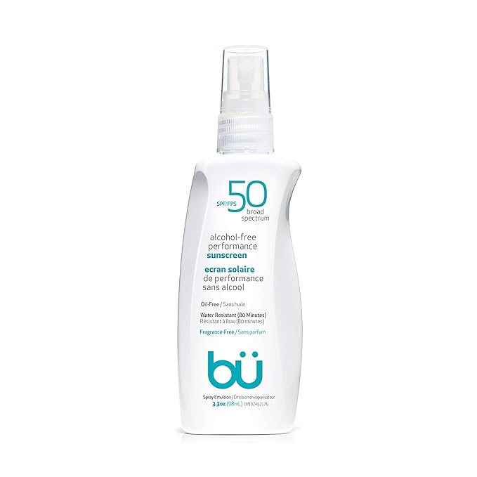 BU SPF 50 Sunscreen Spray for Face and Body, Fragrance Free, Clear, Non Greasy, Water Resistant, for Sensitive Skin, 3.3 oz