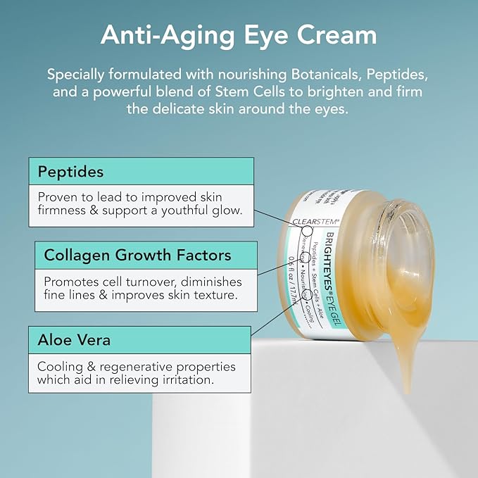 CLEARSTEM - BRIGHTEYES - Eye Gel - Nourishing Eye Cream - Lip Renewal - Cooling Gel - Stem Cells Blend - Peptides, Collagen, Aloe Vera - Gluten Free - Beauty, Self Care, Skin Care - 0.6 fl oz