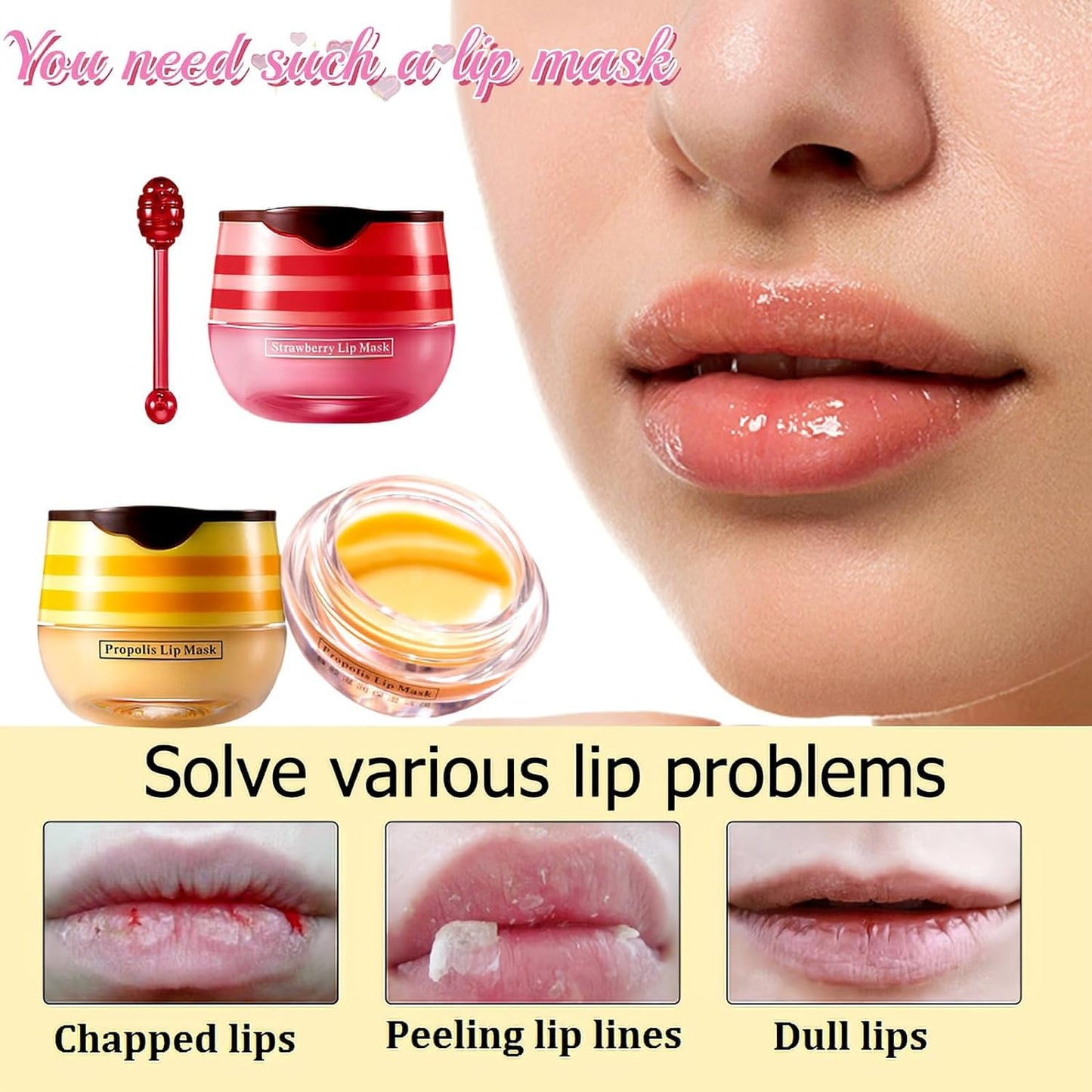 2 Pack Bee Lip Balm Honey Pot, Honey & Strawberry Lip Mask Propolis Lip Mask, Hydrating & Prevention Dry and Cracked Lip Scrubs Exfoliator Lip Sleeping Mask Reduces Lip Lines