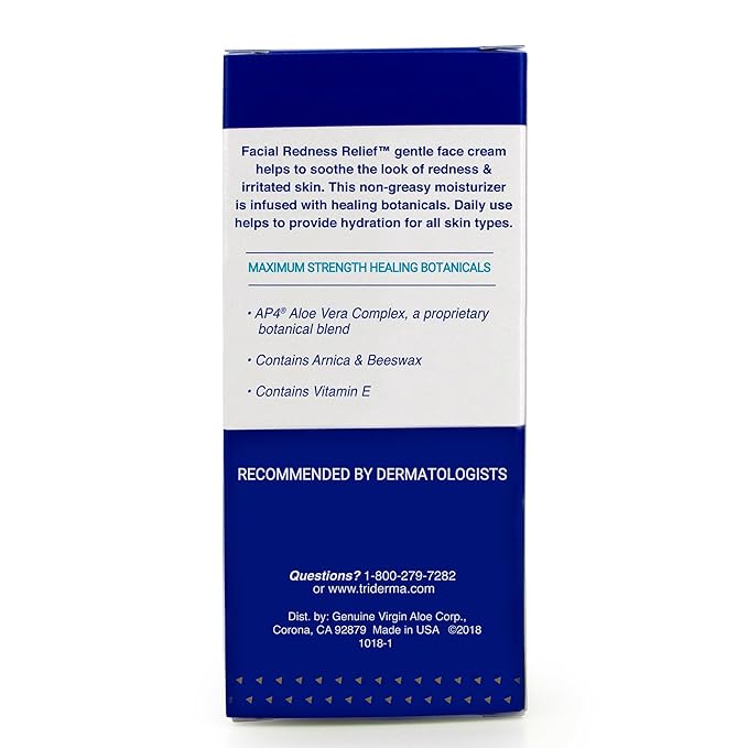 TriDerma Facial Redness Relief Gentle Face Cream, Soothing & Relieving Daily Moisturizer for Redness, Repair Uneven Skin Tone, Irritated or Sensitive Skin | Day/Night | (2.2 Oz. Tube)