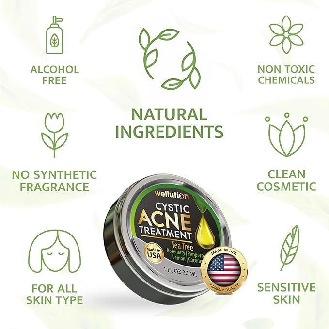Cystic Acne Spot Treatment – Tea Tree Acne Cream – Fast-Acting Acne Spot Corrector for Face, Pimples & Blemishes – Non-Greasy, Gentle Formula – 1oz – by WELLUTION