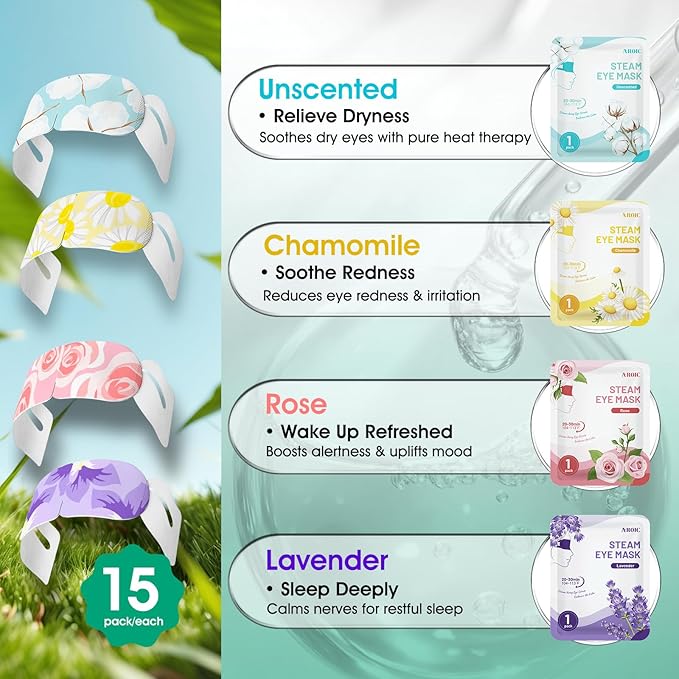 60 Pack Steam Eye Masks Disposable for Dry Eyes, Heated Eye Mask Warm Compress for Eyes, Relaxation Gifts, Travel Essentials - Lavender, Unscented, Chamomile, Rose