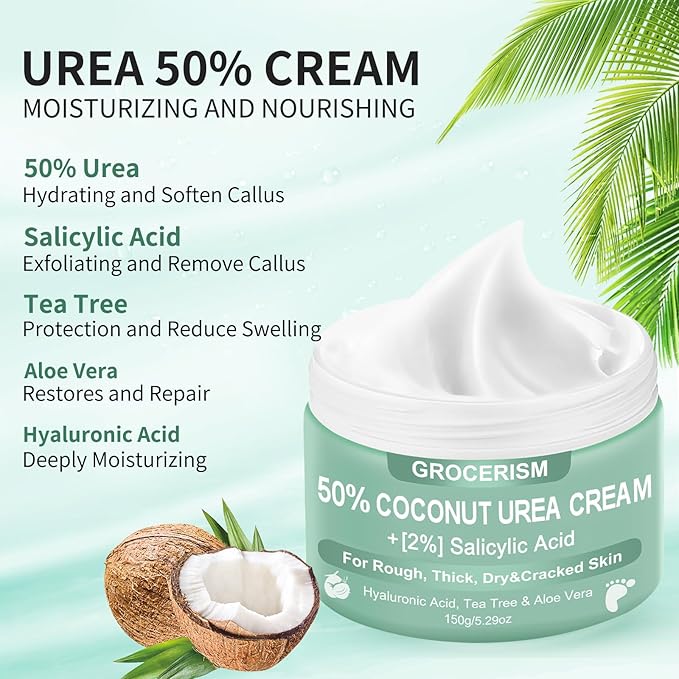 Urea Cream 50 Percent for Feet with Coconut 5.29 oz || Foot & Hand Cream Maximum Strength with 2% Salicylic Acid, Tea Tree and Aloe Vera for Deep Moisturizing and Callus Removing