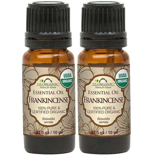 US Organic 100% Pure Frankincense Essential Oil, USDA Certified Organic, Steam Distilled, Boswellia serrata, Origin India, Use Topically or in Diffuser (10 ml, Value 2 Pack)
