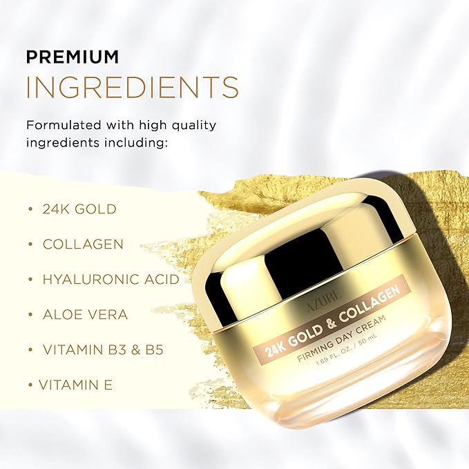 Azure Cosmetics 24K Gold & Collagen Face Moisturizer - Dermatologist Tested, Anti-Aging Face Cream - Skin Tightening, Fine Lines and Wrinkles Treatment - Korean Skin Care - All Skin Type - 1.69 fl oz
