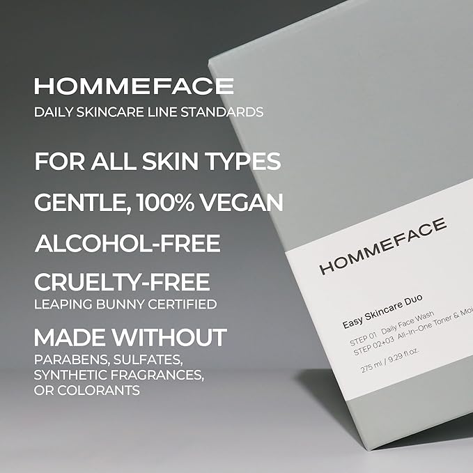 HOMMEFACE Men’s Easy Duo Skin Care Set, 2-Step Daily Routine Kit with Facial Cleanser and 2-in-1 Face Toner & Moisturizer for Men, For Oily & Acne-Prone Skin, 9.29 fl.oz.
