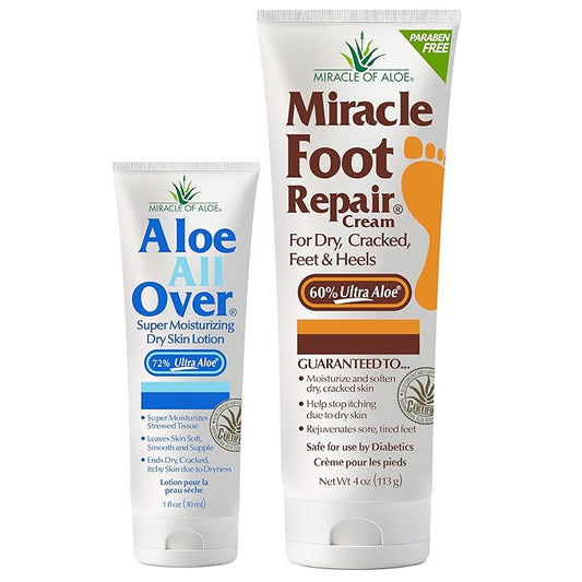Aloe Vera Lotion & Foot Cream Combo – Aloe All Over 1 oz + Foot Repair 4 oz – Soothing Aloe Lotion for Dry Skin, Hands, Heels & Body – Diabetic-Safe Foot Cream for Cracked Feet