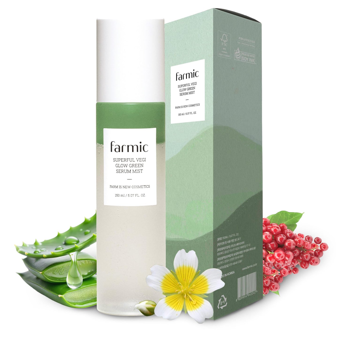 FARMIC Superful Vegi Glow Green Serum Mist 5.07 fl.oz | Aloe & Omija Korean Vegan Spray facial Essence | Soothing Calming Radiant Skin Light-weight Face Moisturizer | Daily Skincare for All Skin Types