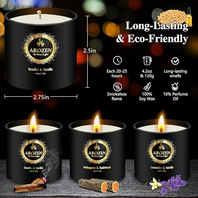 3 Pack Scented Candles Set | Men Candle Gift Set, Aromatherapy Scented Candles for Home, Gifts for Men Dad Fathers Day, Soy Candle of Lavender, Mahogany Teakwood & Smoke Vanilla,70H Burn Time