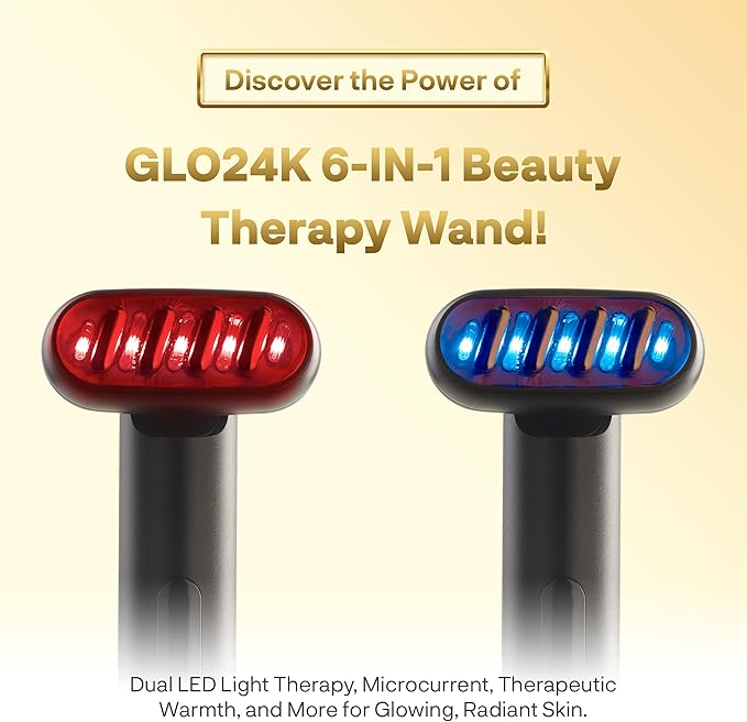 GLO24K 6-IN-1 Beauty Therapy Wand for the Face, Eyes, and Neck. Based on Dual LED Light Therapy, Thermal, Vibration, and Micro-Current Technologies.Skin Rejuvenation
