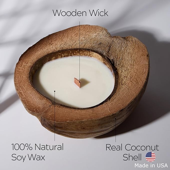 Scented Candle Clearance, Wooden Wick Soy Candles in a Big Coconut Shell, Relaxation Gifts for Women, Room Decor Natural Candles Non-Toxic (Caramel Island)
