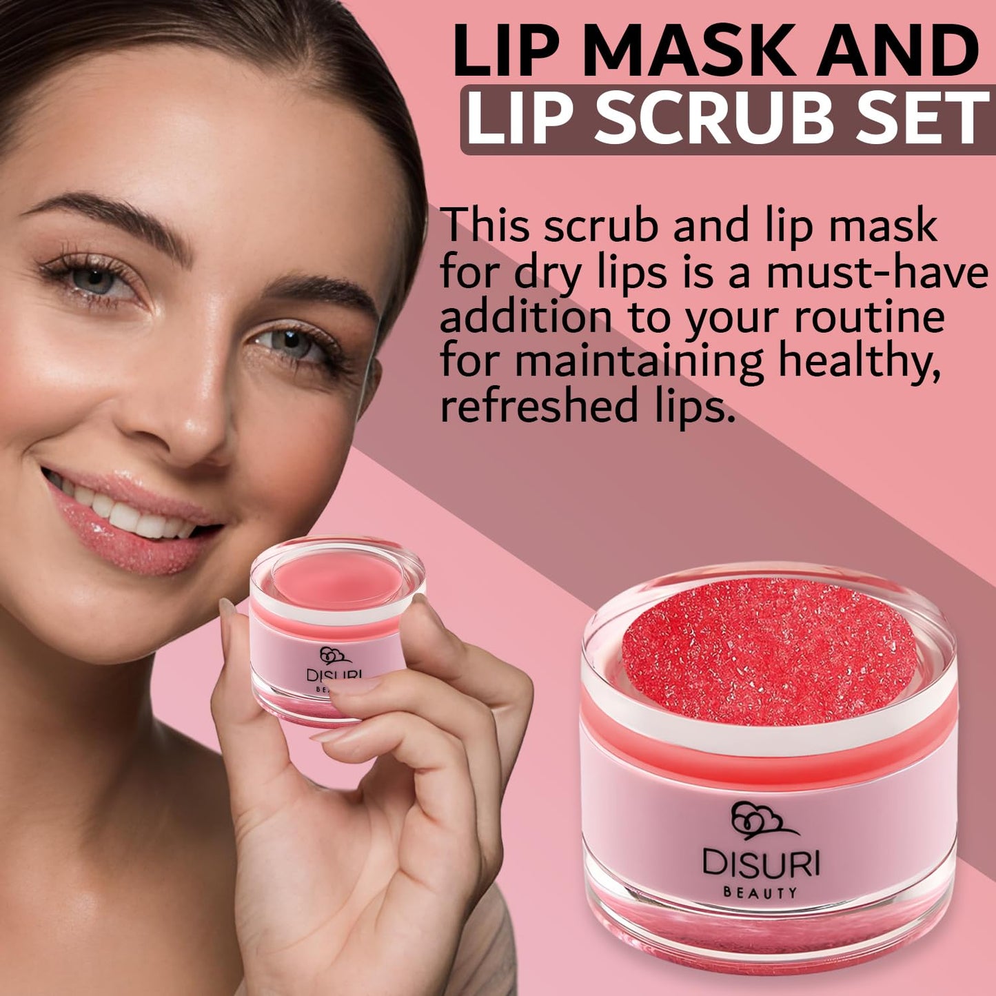 DISURI Beauty Lip Mask and Lip Scrub Set - Moisturizing Lip Scrub for Exfoliating and Smoothing Lips, Cruelty-free - Improves Texture, Hydrates, and Softens Chapped, Dark Lips Skin - (Strawberry)