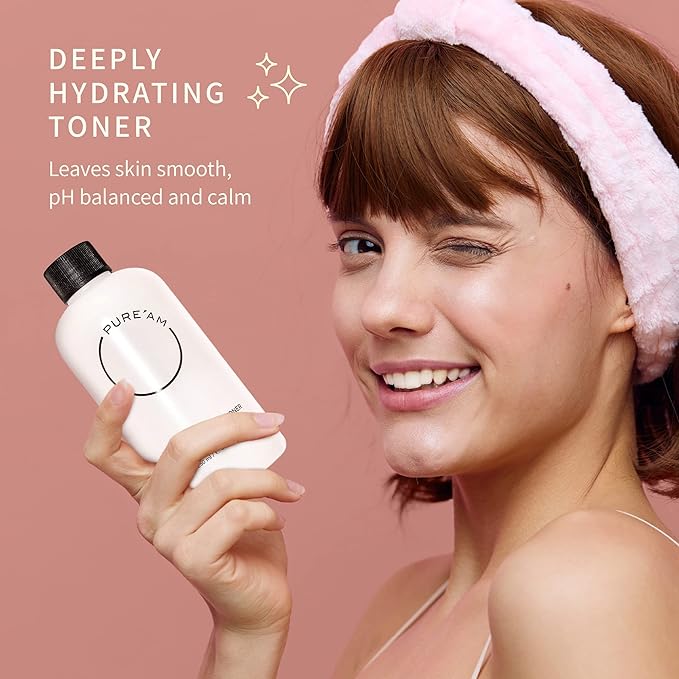 PURE'AM - Korean Toner for Dry Skin - Deeply Hydrating - Hyaluronic Acid & Vegan Ceramides - Korean Skincare Toner for Face, Sensitive Skin - Redness & Acne - 8.4 fl. oz, 250 ml