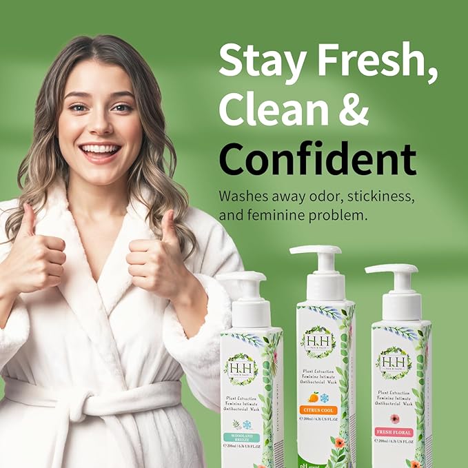 HH Herb & Health Feminine Wash for Women, pH3.6 Lactobacillus Cleanser with Botanical Extracts, Hydrating & Cooling Intimate Care for Odor Dryness and Itch, Sensitive Skin Safe, Woody Scent