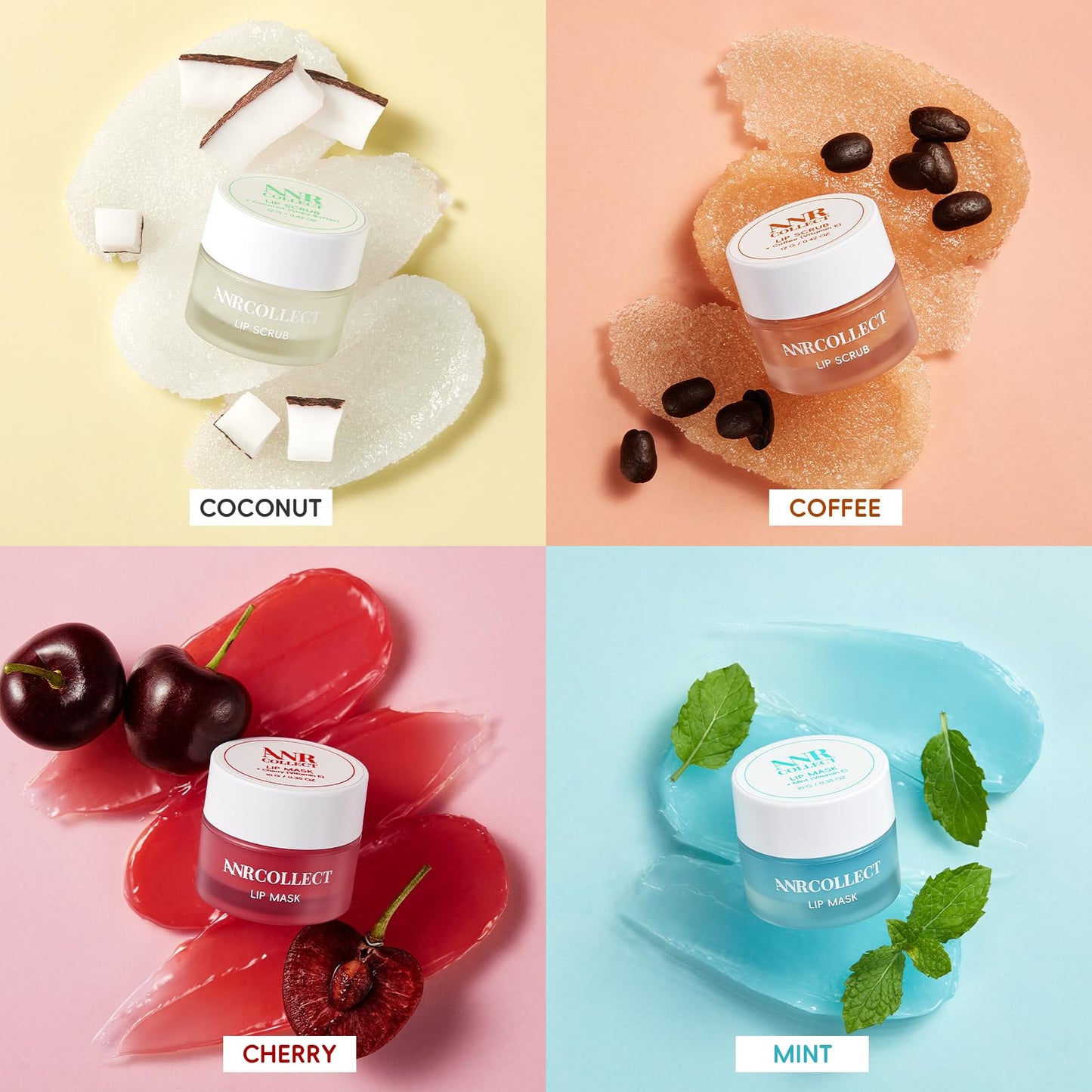 ANRCOLLECT Lip Scrub & Lip Mask - Lip Treatment Care Kit with 2 Lip Exfoliator Scrub & 2 Lip Butter Mask, Intense Hydration Set for Dry Chapped Cracked Lips (4 Pack)