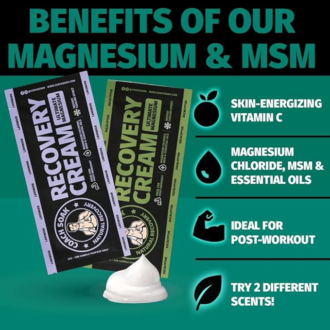 Coach Soak Magnesium Lotion Trial Pack - Magnesium Chloride & MSM Cream for Athlete Recovery - 0.02 Lb Each - Pack of 3 - Eucalyptus & Lavender Scent
