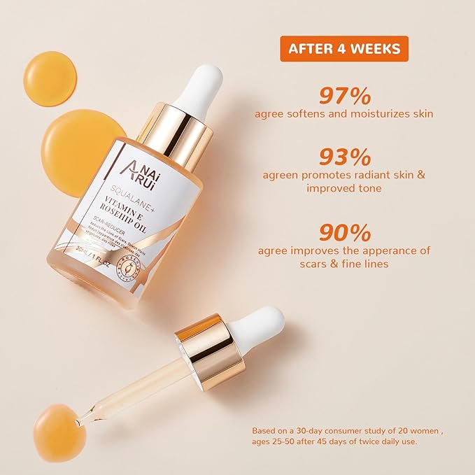 ANAI RUI Squalane + Vitamin E Rosehip Oil Moisturizer for Face Hydrate, Reduce Scars and Stretch Marks, Wrinkles for Smoother, Softer Skin 1 fl. Oz