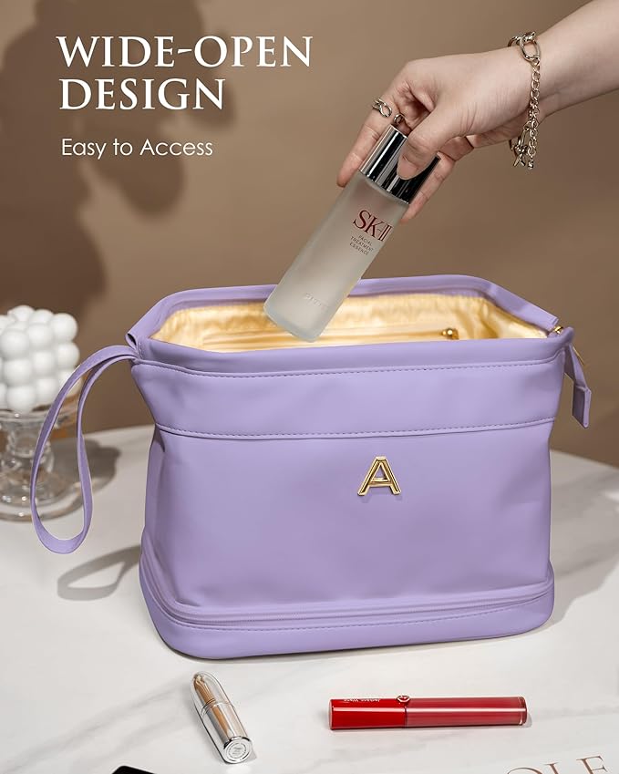 Tween Girls Trendy Stuff -Makeup Bags for Teens Girls, Double Layer Cosmetic Bag with Makeup Brush Organizer, Teacher Appreciation Gifts, Travel Toiletry Bag, Gifts for Kids