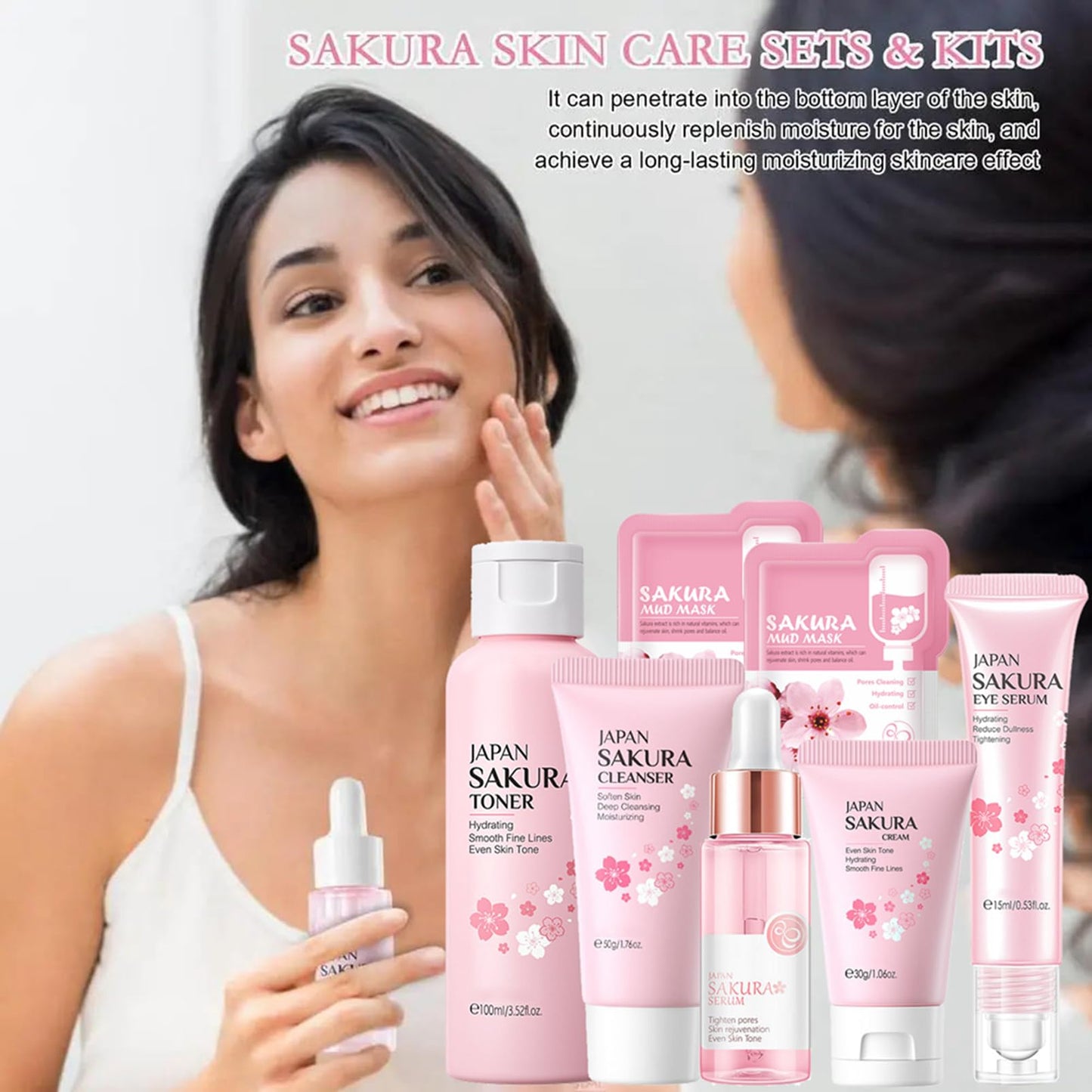 Skin Care Set Sakura Women Beauty Gift Sets Korean Skin Care Kit- Cleanser,Serum,Face Cream,Toner,Eye Cream,Mud Mask-Skin Care Routine Kit (One Size, Cherry Blossom-StyleA-Bae Moisturizing)