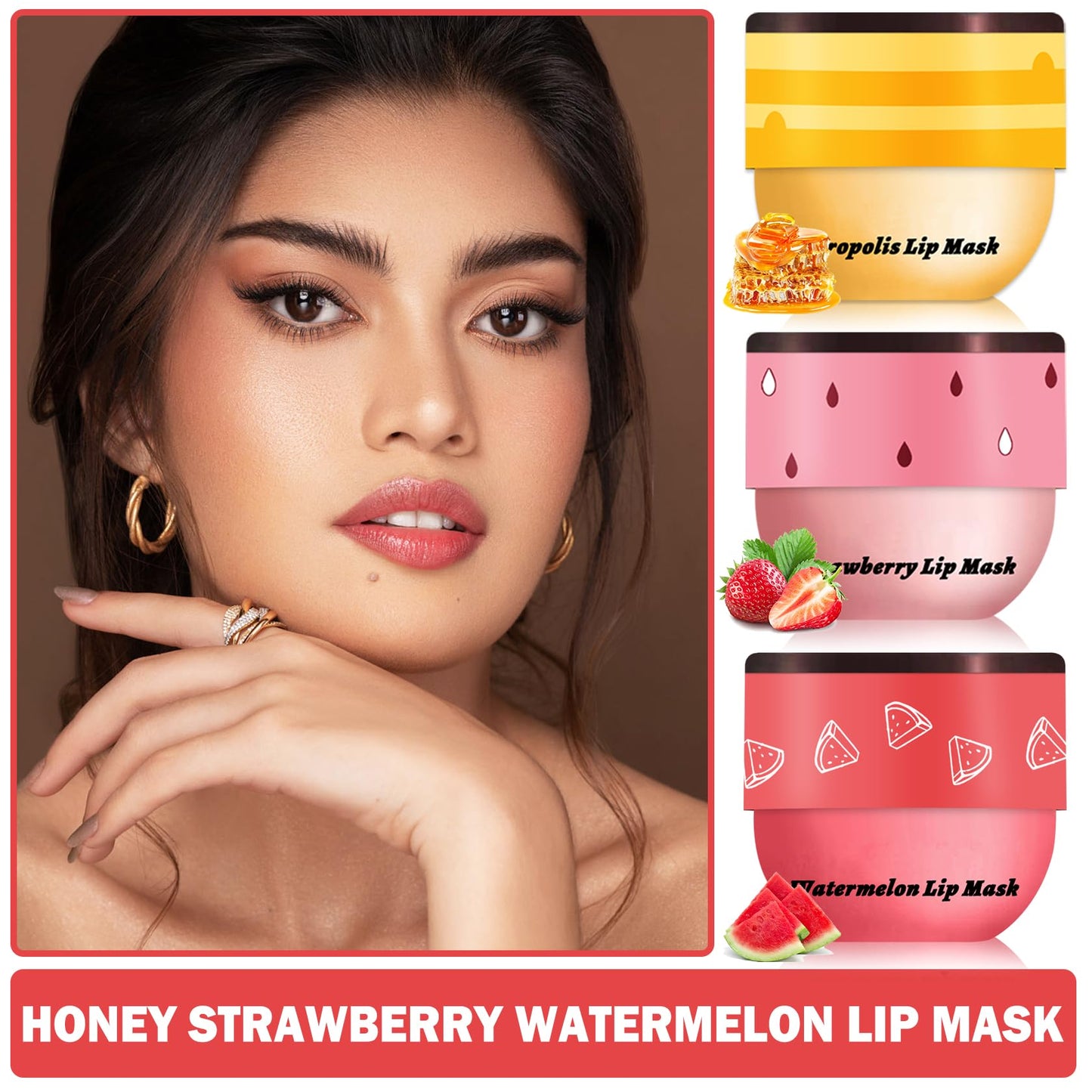 XINGXYUEL 3PCS Bee Lip Care Honey Pot Lip Mask - Honey Strawberry Watermelon Flavors - Silky Hydrating Overnight Lip Care Products