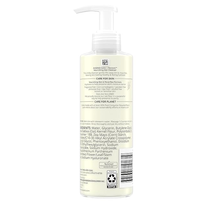 Aveeno Calm + Restore Nourishing Oat Cleanser, Daily Hydrating Facial Cleanser & Face Wash for Sensitive Skin, Non-Foaming, Hypoallergenic, Non-Comedogenic, Fragrance-Free, 7.8 Fl Oz