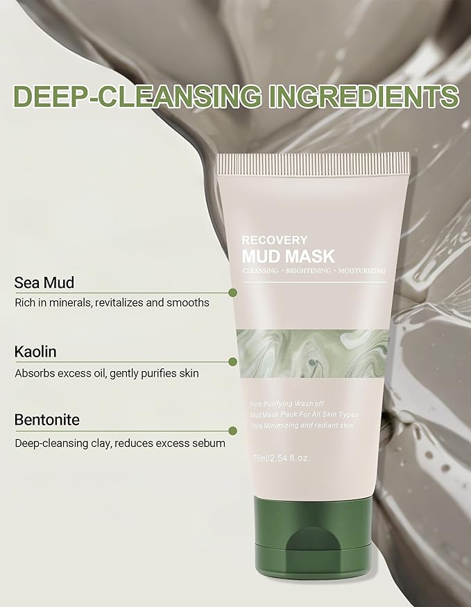 Erinde Recovery Mud Mask - Korean Wash Off Clay Mask for Face & Body, Hydrating & Moisturizing, Deep Pore Cleanser, Oil Control & Pore Minimizer, 2.54 fl oz