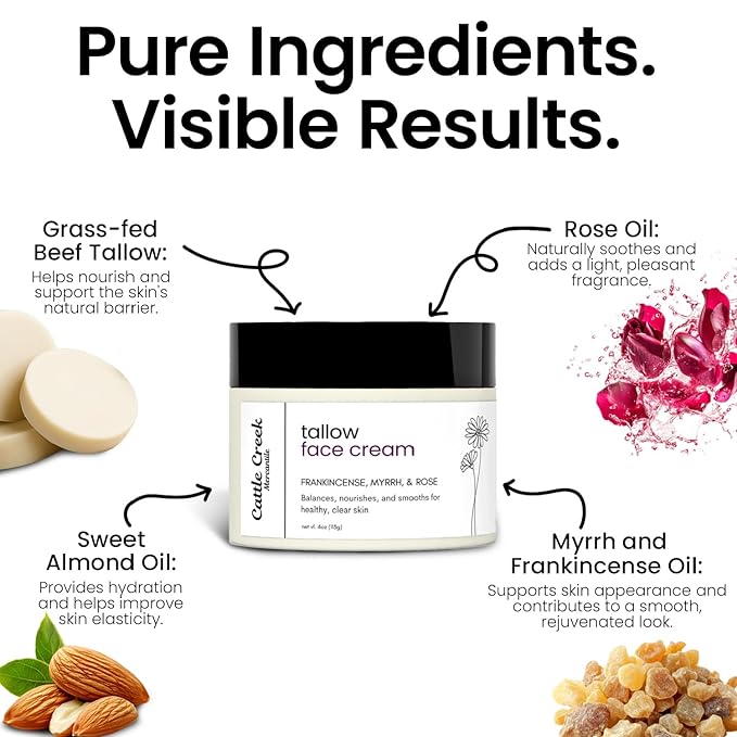 Cattle Creek Tallow Face Moisturizer - Whipped Beef Tallow for Face with Sweet Almond, Myrrh, Frankincense & Rose Oils – Grass-Fed Beef Tallow for Face Care, Hydration & Sensitive Skin (4oz)