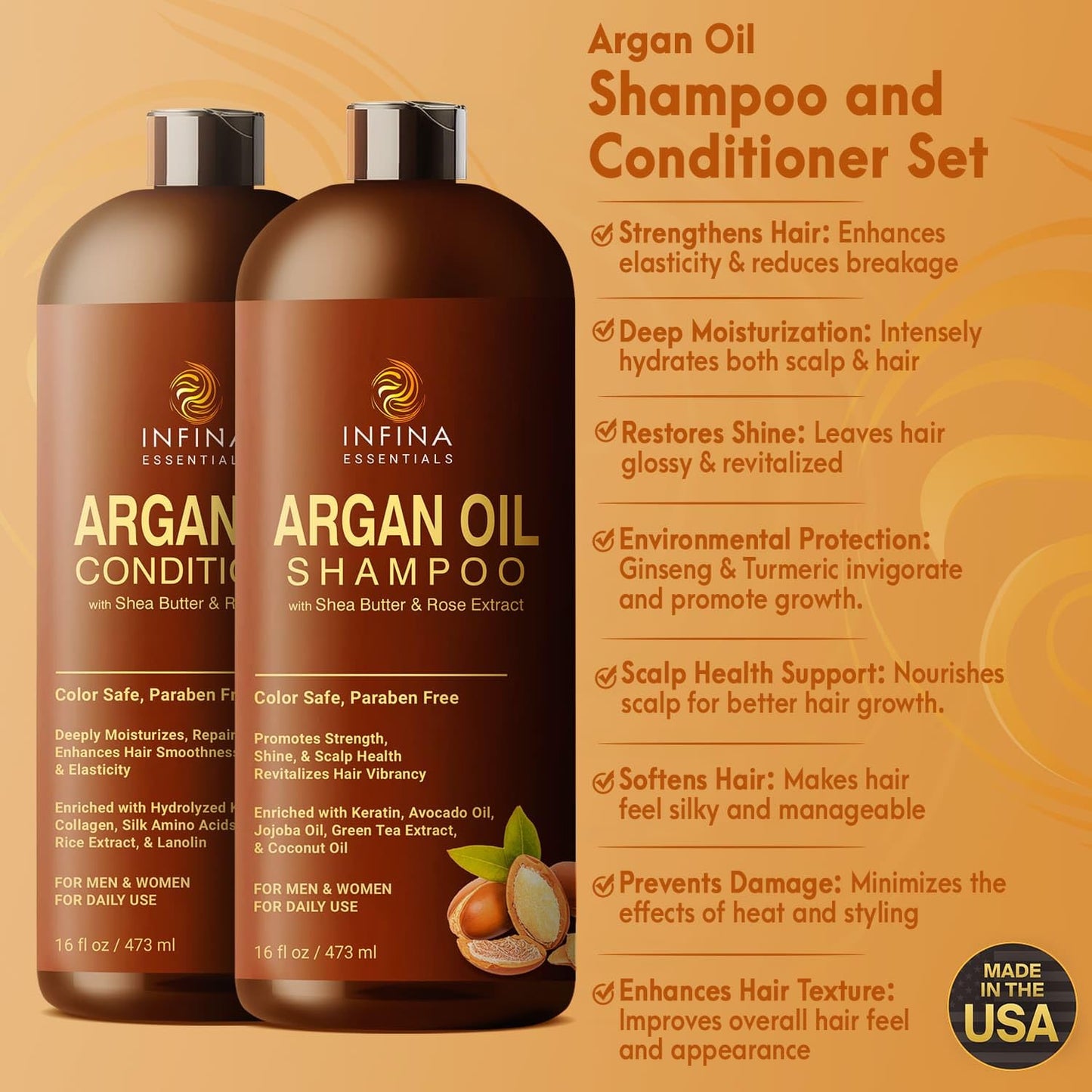 Argan Oil Shampoo and Conditioner Set for Men and Women - Hydrating and Nourishing Sulfate Free Shampoo Conditioner Set for All Hair Types - Hydrating and Nourishing Daily Hair Care - 16 fl oz Each
