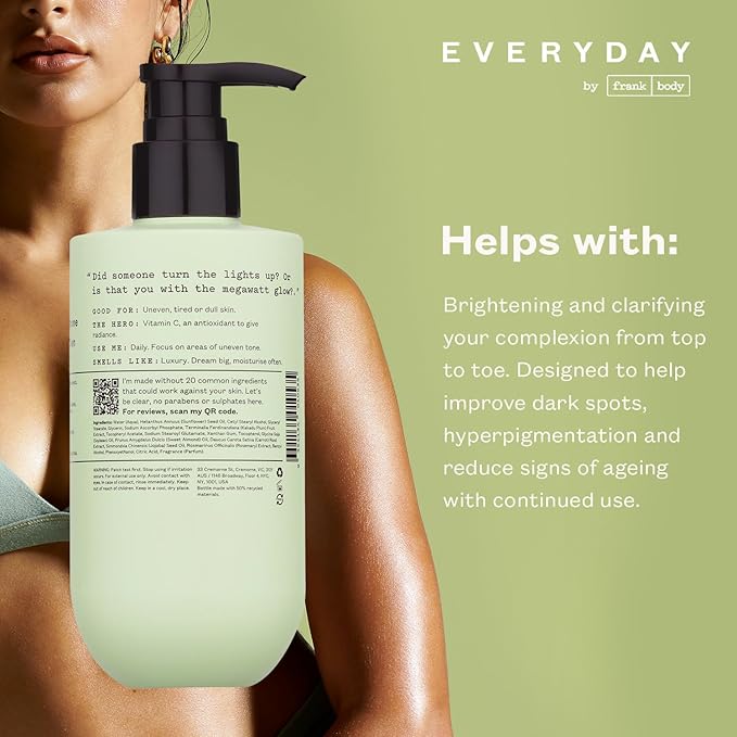 frank body Brightening Body Lotion | With Vitamin C, Kakadu Plum & Vitamin B5 | Evens Tone, Brighten Dark Spots & Hyperpigmentation | Vegan & Cruelty Free | Bamboo & Camellia Scent | 250ml /8.45 fl oz