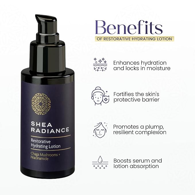 Shea Radiance Restorative Hydrating Face Lotion with Chaga Mushroom, Niacinamide & Watermelon Seed Oil – Lightweight, Unscented Vegan Moisturizer for Dry, Sensitive Skin – Non-Greasy – 8 oz
