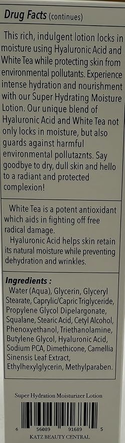 Katz Beauty Super Hydrating Moisture Lotion - Hyaluronic Acid & White Tea for Dry, Oily, Sensitive Skin, Non-Comedogenic Face Moisturizer, 5 fl oz