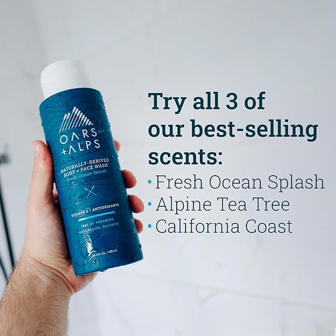 Oars + Alps Men's Moisturizing Body and Face Wash, Skin Care Infused with Vitamin E and Antioxidants, Sulfate Free, Variety, 3 Pack