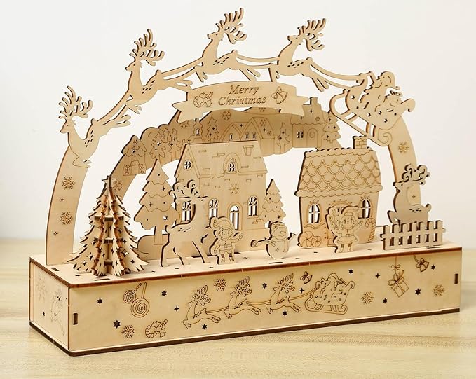 3D Wooden Puzzles for Adults 35pcs LED Light Xmas Theme DIY Wooden Assembly Kit for Teens Home Decor