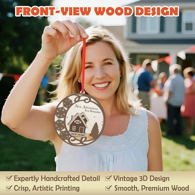 2026 New Home Ornament - Wooden Housewarming Gift for Homeowners, Couples & Friends - New Adventures New Memories First Christmas House Ornament