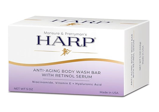 HARP Anti-Aging Body Wash Bar With Retinol + Niacinamide, Vitamin E, Hyaluronic Acid. 100% Syndet Base. Soap/Lye/Dyes and preservative-free. Non-comedogenic. FRAGRANCE FREE.