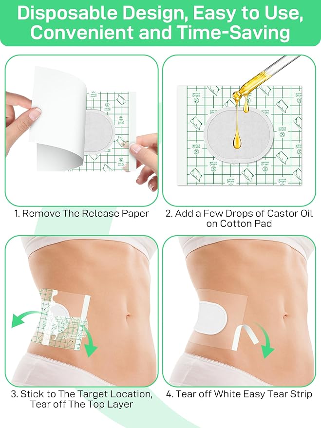 24Pcs Disposable Castor Oil Patches PU Film, Self-Adhesive Castor Oil Pack Wraps with Organic Cotton Pad for Belly Button Waist Stomach Shoulder, Anti Leakage, Water-Resistant, 4.7x5.9 Inch