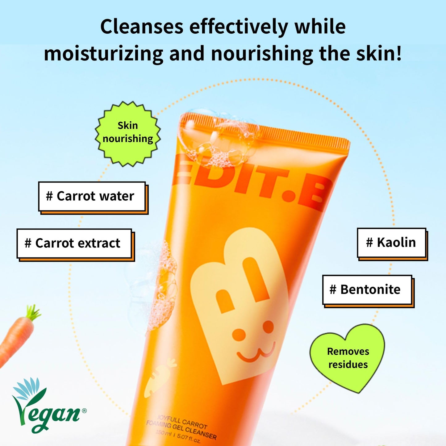 EDIT.B Joyfull Carrot Foaming Gel Cleanser, Gentle Deep Pore Cleansing Face Wash, Removes Makeup, Impurities, Sebum, Blackheads & Whiteheads, Non-Drying Daily Korean Skincare, 5.07 fl.oz / 150ml