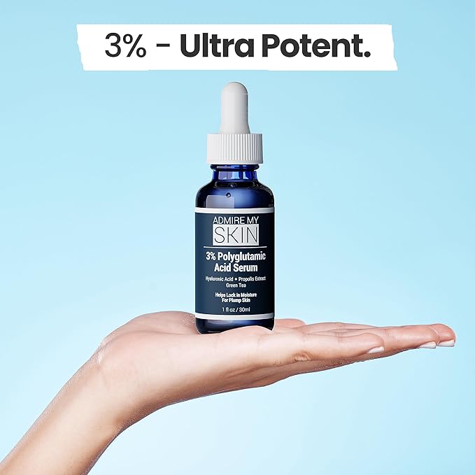Admire My Skin Organic Polyglutamic Acid Facial Serum - Powerful Hydration & Anti Aging + Hyaluronic Acid + Propolis 1oz