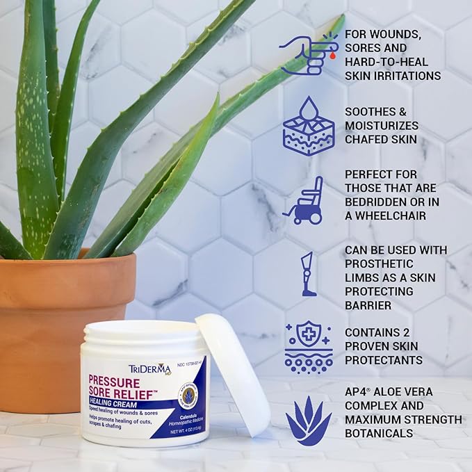 TriDerma MD Pressure Sore Relief Healing Cream for Bed Sores Treatment, Ulcers, Pressure Sores, Wound Healing, Chafed Skin and Hard-to-Heal Skin Sores with Calendula and AP4 Aloe, 4 oz Jar