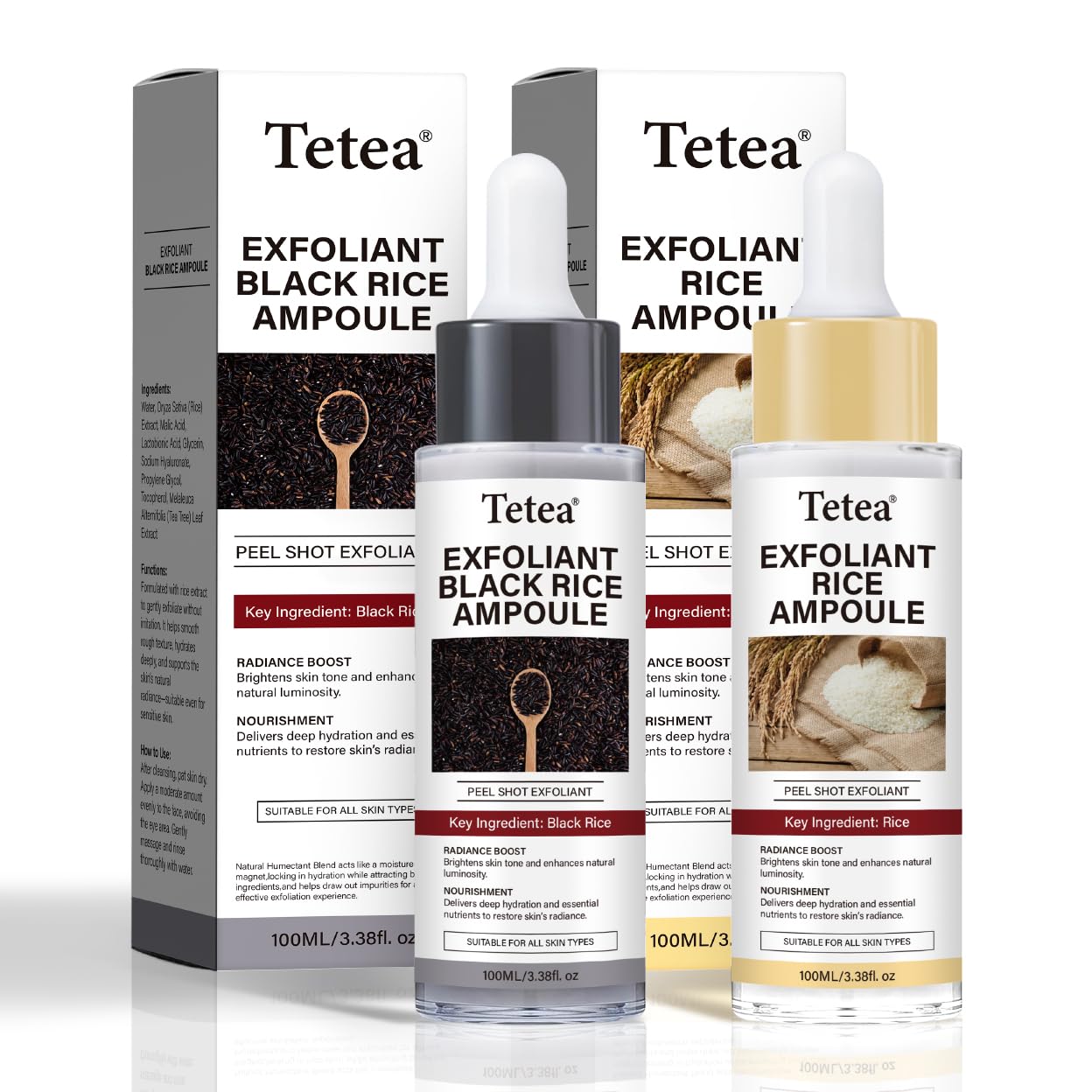 Peel Shot Glow Rice Ampoule Duo – 2 PCS White & Black Rice Facial Serum | Lightweight Hydrating Formula for All Skin | 3.38 Fl Oz Each