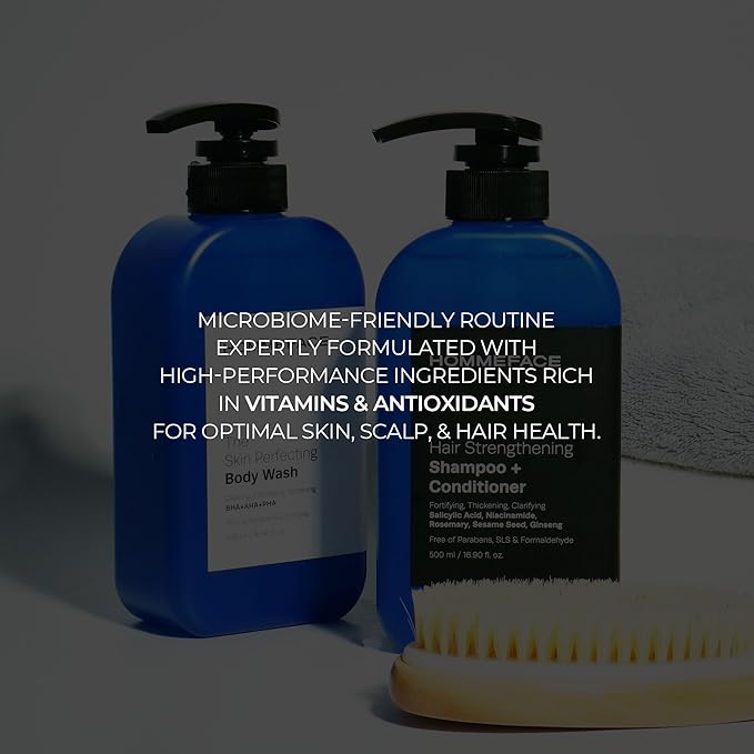 HOMMEFACE Men’s Triple Action Shower Kit - 2 Piece Set with 2-in-1 Hair Strengthening Shampoo + Conditioner & Body Wash with Pump - Korean Skincare Technology for Body Acne and Scalp Health