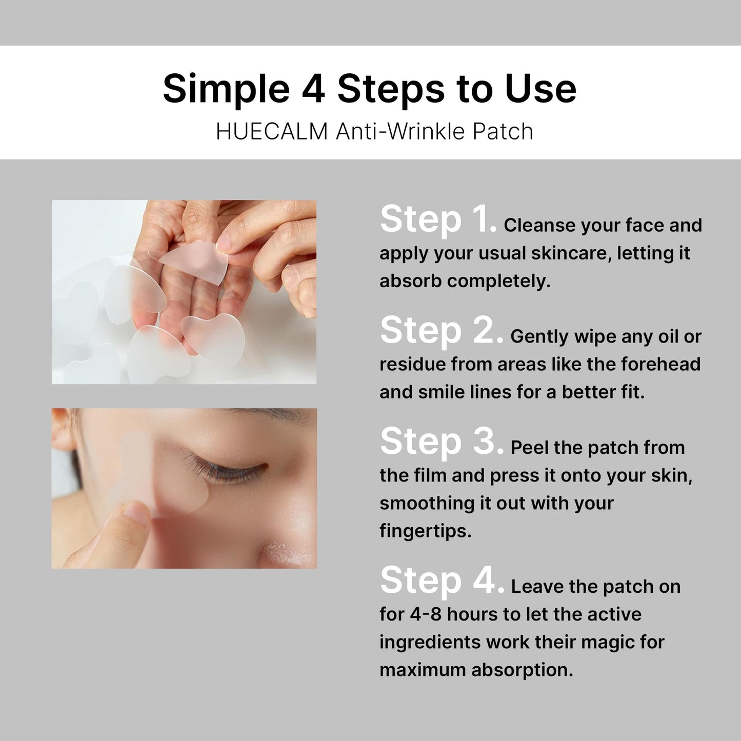 HUECALM Anti-Wrinkle Patches Face Lifting with Hydrolyzed Collagen–Invisible Forehead, Eye, Smile Line Anti-Wrinkle Tape, K-Beauty Overnight Korean Skincare for Women–Facial Self Care (48 Patches-2PK)