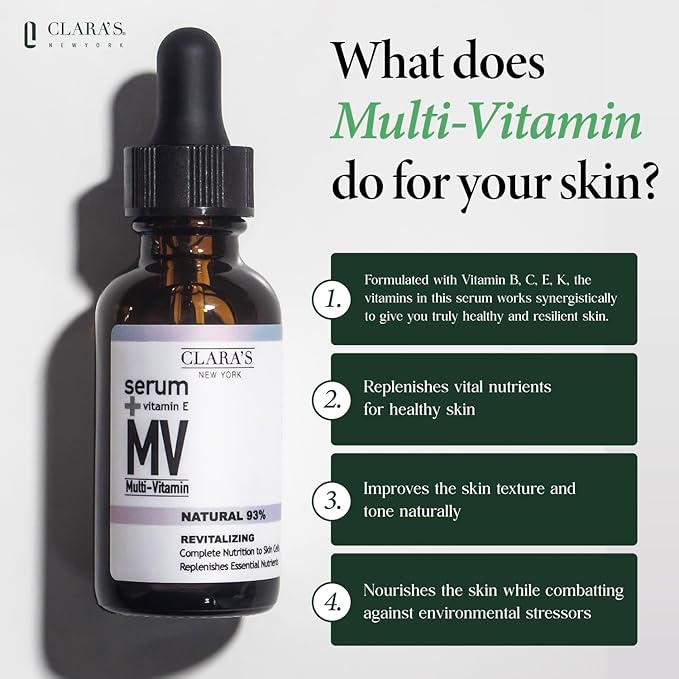 CLARA'S NEW YORK Multi Vitamin Facial Serum with Vitamins B, C, E, K – Antioxidant Hydrating, Redness Calming, Sebum Control – Lightweight, Non-Greasy, 30ml / 1 fl oz, Made in USA