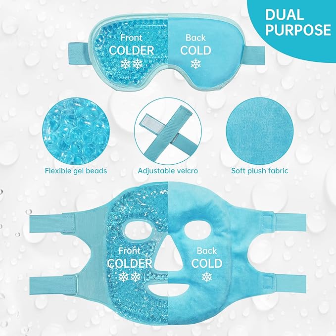 ZNÖCUETÖD Cooling Ice Face Eye Mask for Reducing Puffiness, Bags Under Eyes,Sinus,Redness,Pain Relief,Dark Circles, Migraine,Hot/Cold Pack with Soft Plush Backing (Blue(1* Eye Mask+1*Face Mask))