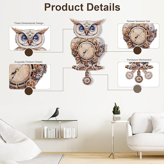 3D Puzzles for Adults Owl Clock Kit with Pendulum, Mechanical 3D Wooden Puzzle Kit for Adults, DIY Wooden Clock Model Building Kits Set, Unique Christmas Home Decor Gift for Women Men